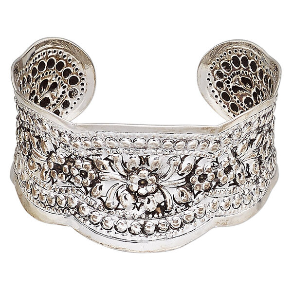 Bracelet, Hill Tribes, cuff, antique silver-plated brass, 36mm wide with flower design, adjustable. Sold individually. image number 0
