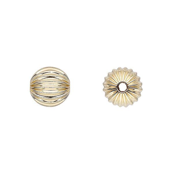 Bead, 14Kt gold-filled, 10mm corrugated round. Sold per pkg of 2. image number 0