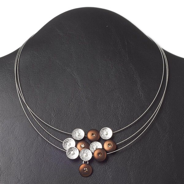 Necklace, 3-strand, Czech glass rhinestone / acrylic pearl / silver-plated steel, brown / topaz / white, 11mm cup flower, 16 inches with 3-inch extender chain and lobster claw clasp. Sold individually. image number 0