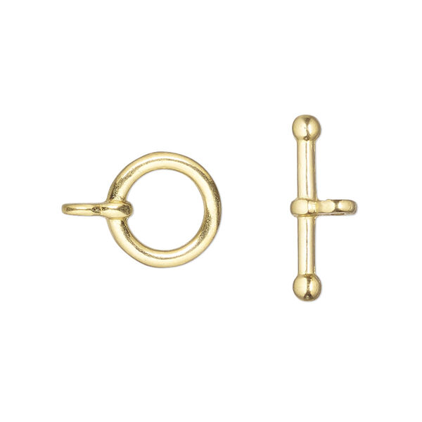 Clasp, toggle, gold-finished "pewter" (zinc-based alloy), 12mm round with ball ends. Sold per pkg of 6. image number 0