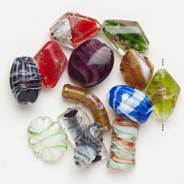 Bead mix, lampworked glass, pkg/4 ounces, opaque to transparent mixed colors with silver-colored foil and copper-colored glitter, 22x9mm-40x29mm mixed shapes. image number 0