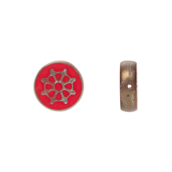 Bead, Preciosa, Czech pressed glass, opaque red and antique copper, 12mm flat round wheel. Sold per pkg of 5. image number 0