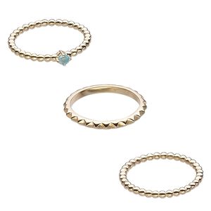 Ring, apatite (natural) and gold-finished sterling silver, 2mm wide spiked band / 2mm / 4mm wide beaded band, size 8. Sold per 3-piece set.