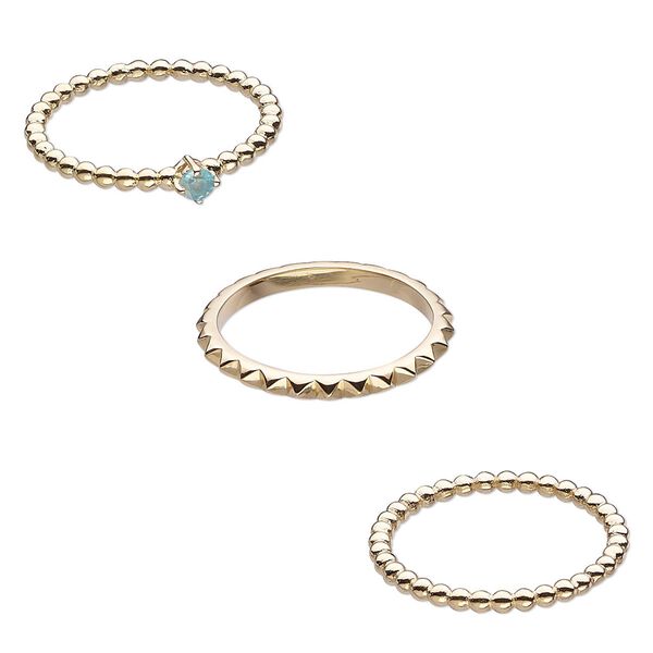 Ring, apatite (natural) and gold-finished sterling silver, 2mm wide spiked band / 2mm / 4mm wide beaded band, size 8. Sold per 3-piece set. image number 0