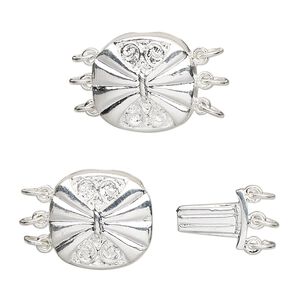 Clasp tab 1pkg4 silver-plated, 15x14.5mm filigree butterfly round, brass 3-strand