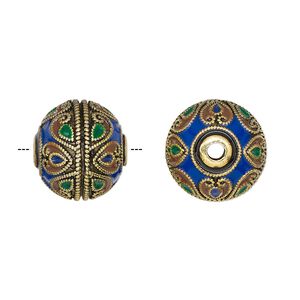 Bead, gold-finished brass and enamel, multicolored, 18.5x17mm rondelle with heart design. Sold individually.
