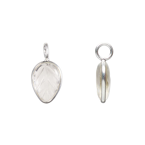 Drop, sterling silver and quartz crystal (natural), 14x9.5mm carved leaf. Sold individually. image number 0