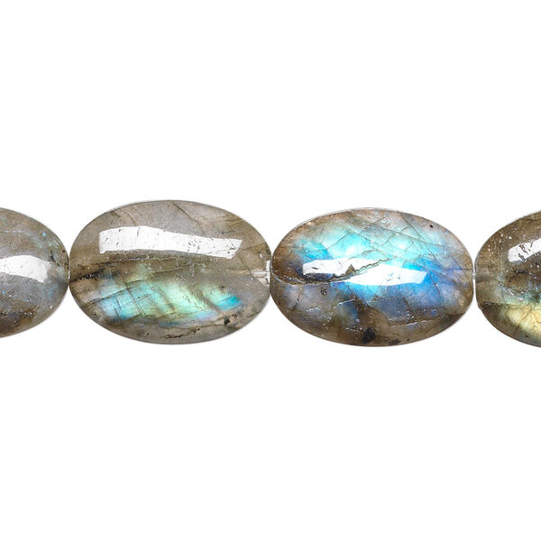 Bead, labradorite (natural), 18x13mm flat oval, B+ grade, Mohs hardness 6 to 6-1/2. Sold per 8-inch strand, approximately 10 beads. image number 0