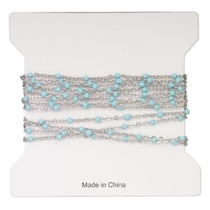Chain, stainless steel and enamel, turquoise, 1.7mm flat cable with 2mm ball. Sold per pkg of 5 feet.