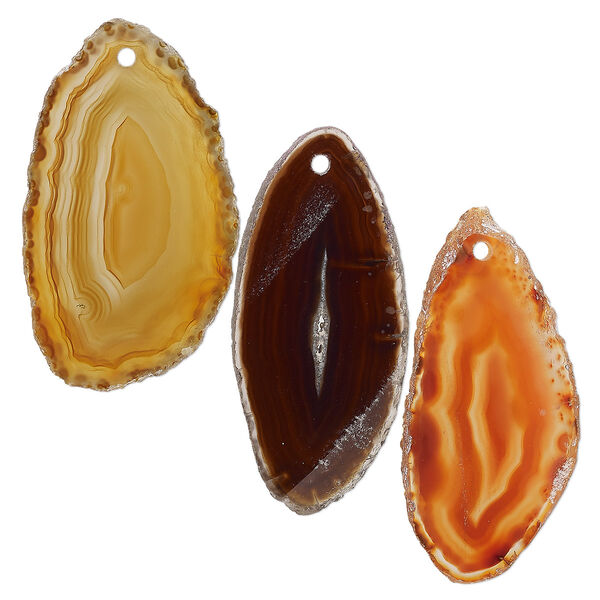 Focal, agate (natural / dyed / heated), red / black / brown, 30x15mm-46x26mm hand-cut slice, Mohs hardness 6-1/2 to 7. Sold per pkg of 3. image number 0