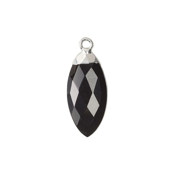 Drop, black onyx (dyed) / sterling silver / silver-plated copper, 19x9mm hand-cut faceted puffed marquise. Sold individually. image number 0