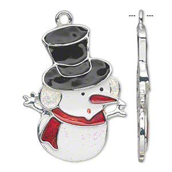 Focal, enamel and silver-finished "pewter" (zinc-based alloy), white / red / black with glitter, 43x32mm single-sided snowman. Sold per pkg of 2. image number 0