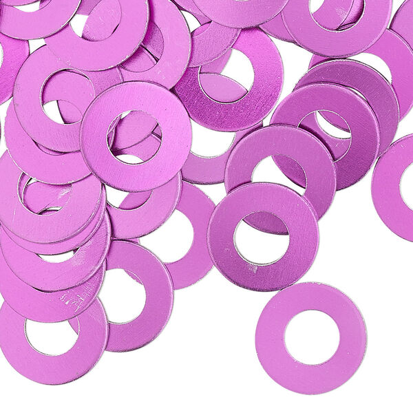Washer, anodized aluminum, purple, 13mm double-sided flat round blank with 6mm hole, 20 gauge. Sold per pkg of 100. image number 0