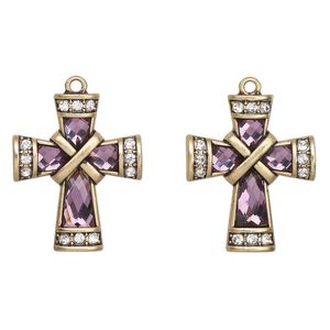 Focal, antique gold-finished "pewter" (zinc-based alloy) and glass, clear and purple, 30x24mm fancy cross. Sold per pkg of 2.
