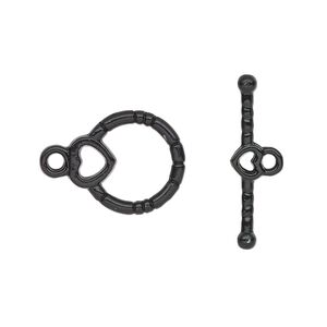 Clasp toggle 1pkg10, 16x14mm heart, black-finished brass 1-strand