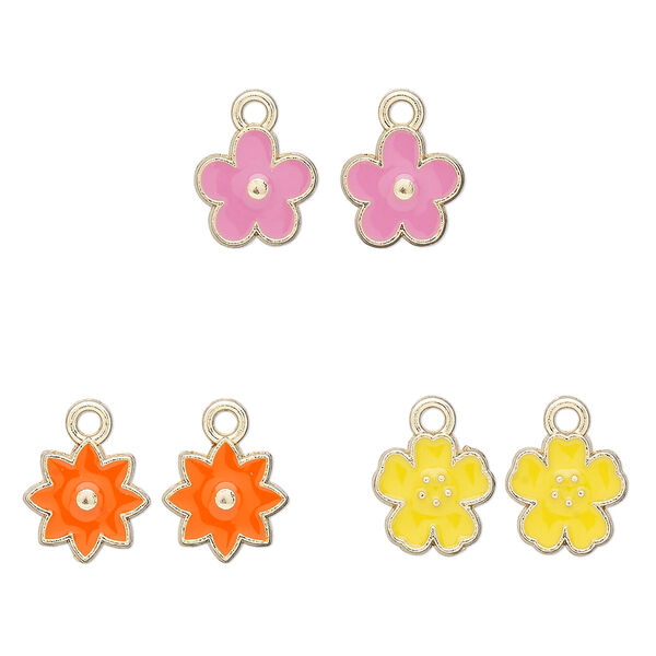 Charm assortment, gold-finished "pewter" (zinc-based alloy) and enamel, pink / yellow / orange, 10mm flower. Sold per 6-piece set. image number 0