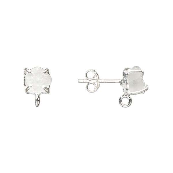 Ear stud, sterling silver and quartz crystal (natural), 5-7mm rough nugget with closed loop. Sold per pair. image number 0