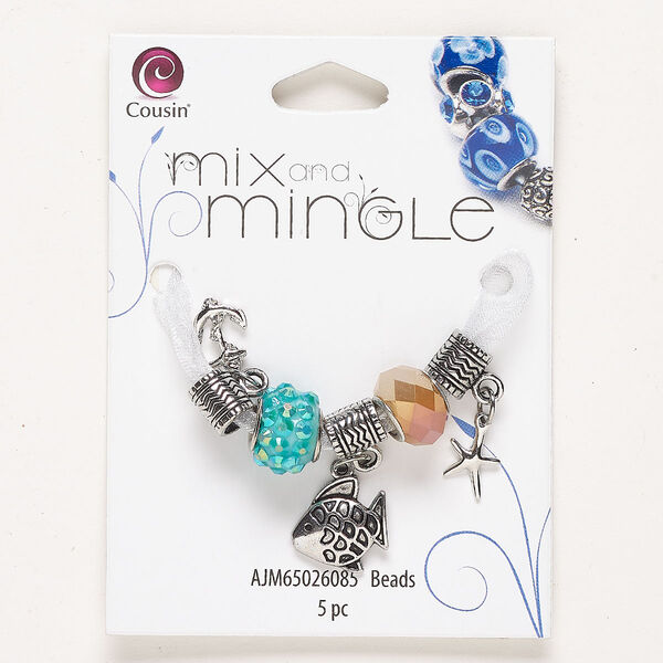 "Pewter" (zinc-based alloy) / brass / glass rhinestone 1pkg5, mixed shape charm assortment silver-finished / multicolored mixed sizes image number 0