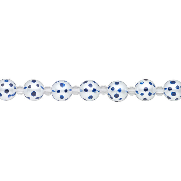 Bead, glass 1pkg8, opaque dark blue and white, 10mm hand-painted round. image number 1