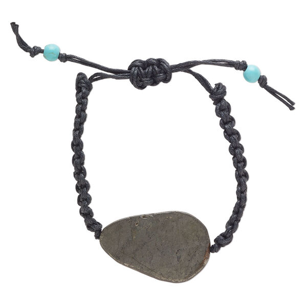 Bracelet, waxed cotton/pyrite (dyed)/resin, pkg/1, black and blue, 22-30mm flat freeform, adjustable up to 10 inches with slip knot closure. image number 0