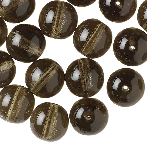 Bead, pressed glass, translucent olive green, 11-12mm round. Sold per 2-ounce pkg, approximately 25 beads. image number 0