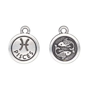 Charm, TierraCast®, antique silver-plated pewter (tin-based alloy), 15mm two-sided flat round with Pisces zodiac sign and symbol. Sold per pkg of 2.