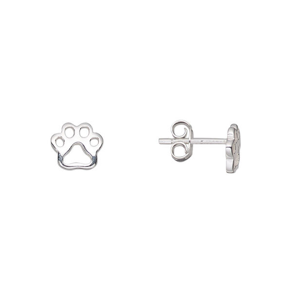 Earstud, sterling silver, 8x7mm paw print cutout with post. Sold per pair. image number 0