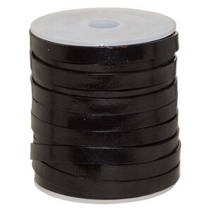 Cord, leather, black, 8mm flat. Sold per 25-yard spool.