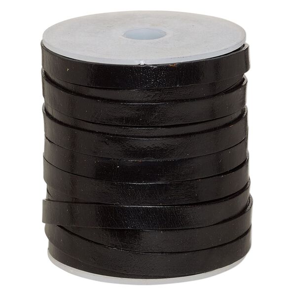 Cord, leather, black, 8mm flat. Sold per 25-yard spool. image number 0