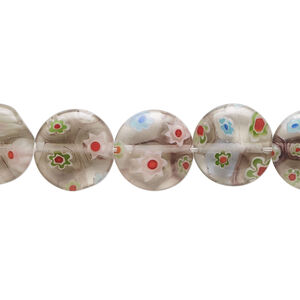 Bead, millefiori glass, translucent multicolored, 11-12mm puffed flat round. Sold per 14-inch strand.