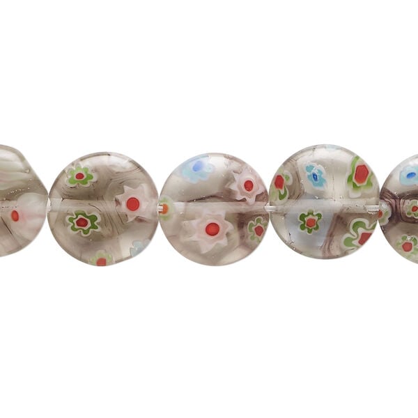 Bead, millefiori glass, translucent multicolored, 11-12mm puffed flat round. Sold per 14-inch strand. image number 0
