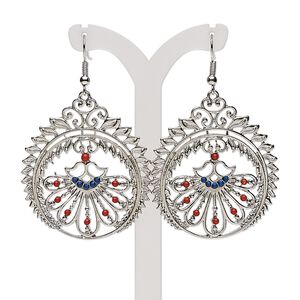 Earring, acrylic with silver-plated steel and "pewter" (zinc based alloy), blue and red, 2-1/4 inches with teardrop and cutout flower design with fishhook ear wire. Sold per pair.