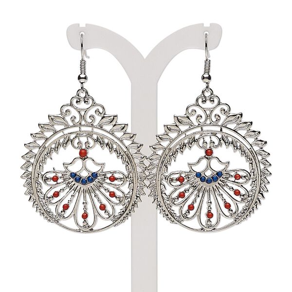 Earring, acrylic with silver-plated steel and "pewter" (zinc based alloy), blue and red, 2-1/4 inches with teardrop and cutout flower design with fishhook ear wire. Sold per pair. image number 0