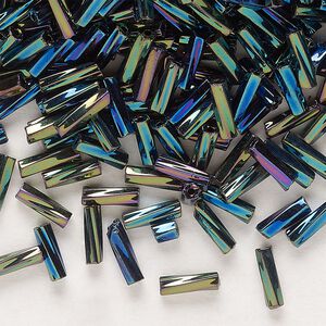 Bead, Preciosa Ornela Czech glass, bugle bead, pkg/500g, #3 twisted, green iris opaque black, (59155).