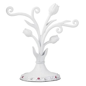 Display, "pewter" (zinc-based alloy) and glass rhinestones, white / pink / clear, 4 x 4 x 2-1/4 inch 3-rose design. Sold individually.