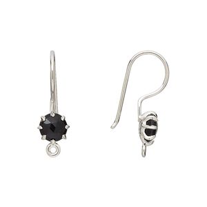 Ear wire fishhook 1pkg2 sterling silver / black onyx, 22mm / 7.5mm hand-cut faceted round / closed loop, 19 gauge 1 pair