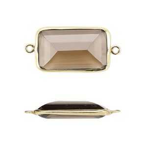 Link, smoky quartz (heated / irradiated) and gold-finished sterling silver, 22x13mm two-sided faceted rectangle. Sold per pkg of 2.