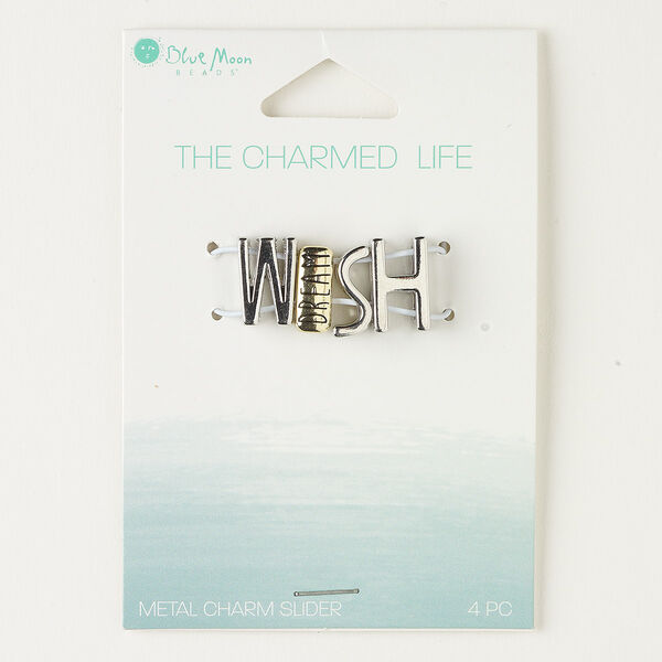 Slide, silver- and antique gold-finished "pewter" (zinc-based alloy), 13x5mm-14x8mm "WISH" with "dream," 10x2mm hole. Sold per pkg of 4. image number 0