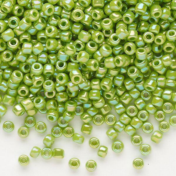 Seed bead, Dyna-Mites™, glass, opaque rainbow lime, #8 round. Sold per 40-gram pkg. image number 0