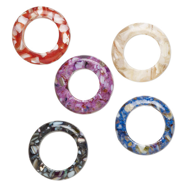 Bead mix, mother-of-pearl shell (assembled) and resin, multicolored, 29-30mm open round, 16-20mm inside diameter, Mohs hardness 3-1/2. Sold per pkg of 5. image number 0
