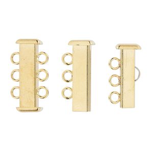 Clasp slide lock 1pkg4 gold-plated, 21x7mm rectangle tube, brass 3-strand