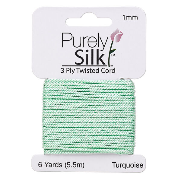 Cord, Purely Silk™, 3-ply, turquoise green, 1mm twisted. Sold per 6-yard card. image number 0