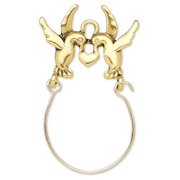 Focal, antiqued gold-finished "pewter" (zinc-based alloy) and steel, 42x25mm single-sided charm holder with 25x18mm birds with heart. Sold per pkg of 2. image number 0