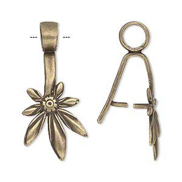 Bail, JBB Findings, ice-pick, antiqued brass, 25x15.5mm leaf with 12mm grip length. Sold individually. image number 0