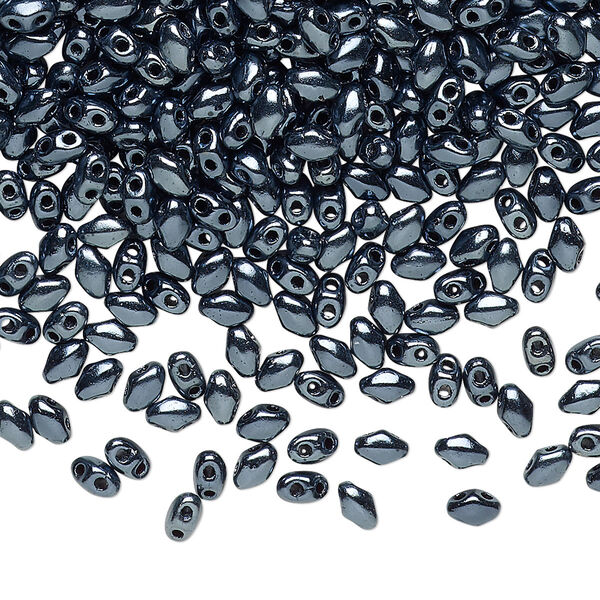 Bead, Preciosa Mini Twin™, Mini Pressed Twin, Czech pressed glass, opaque shiny black, 4x2.5mm oval with (2) 0.7mm holes. Sold per 10-gram pkg. image number 0