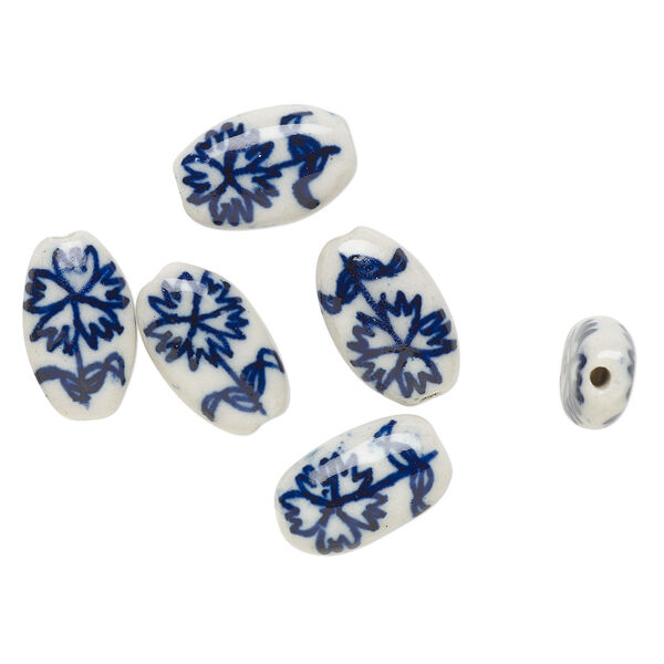 Bead, porcelain, blue and white, 17x10mm-18x11mm flat oval with flower design. Sold per pkg of 6. image number 0