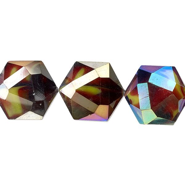 Bead, millefiori glass, marbled yellow and red AB, 16x14mm faceted hexagon. Sold per 8-inch strand, approximately 10 beads. image number 0