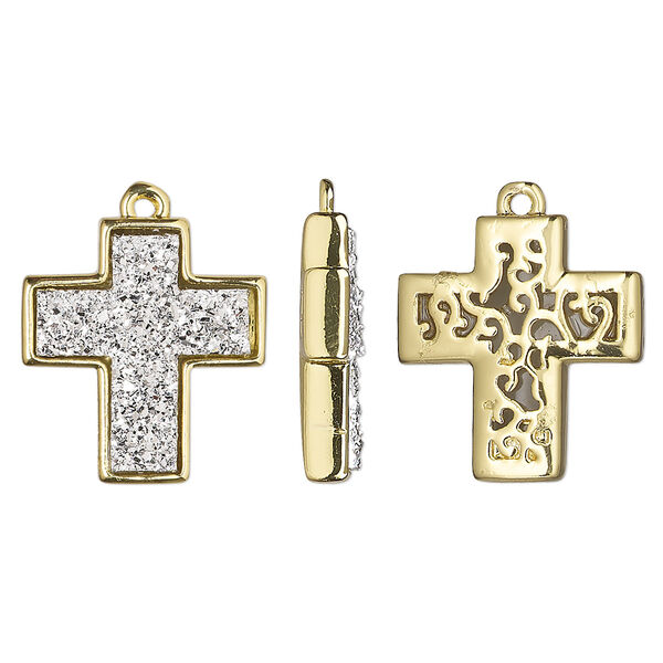 Drop, Druzylite™, "druzy" (resin) and gold-finished brass, silver, 18x16mm two-sided cross with open filigree back. Sold per pkg of 4. image number 0