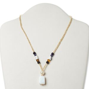 Multi-gemstone / glass / "pewter" (zinc-based alloy) 1pkg1, AB silver-finished / antique gold-finished necklace natural 17 inch / 1.25 inch dangle / lobster claw clasp