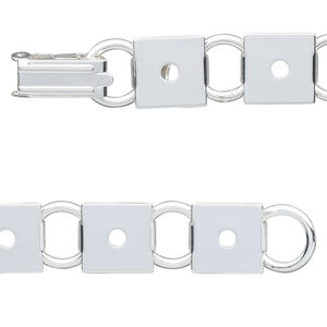 Bracelet component 1pkg1, silver-plated steel, (12) 10mm square link settings, 7 inches with fold-over clasp.
